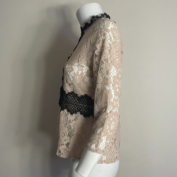 ZARA Lace Sheer Top XS Beige Black Floral High Neck Victorian Romantic Boho Lacy - Picture 4 of 15